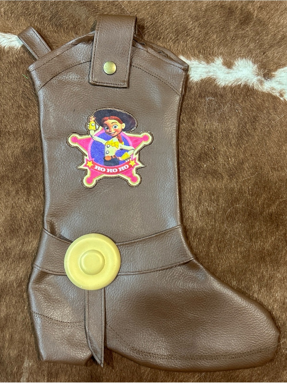 Brown Cowboy Boot Holiday Stocking with Sheriff Badge Graphic